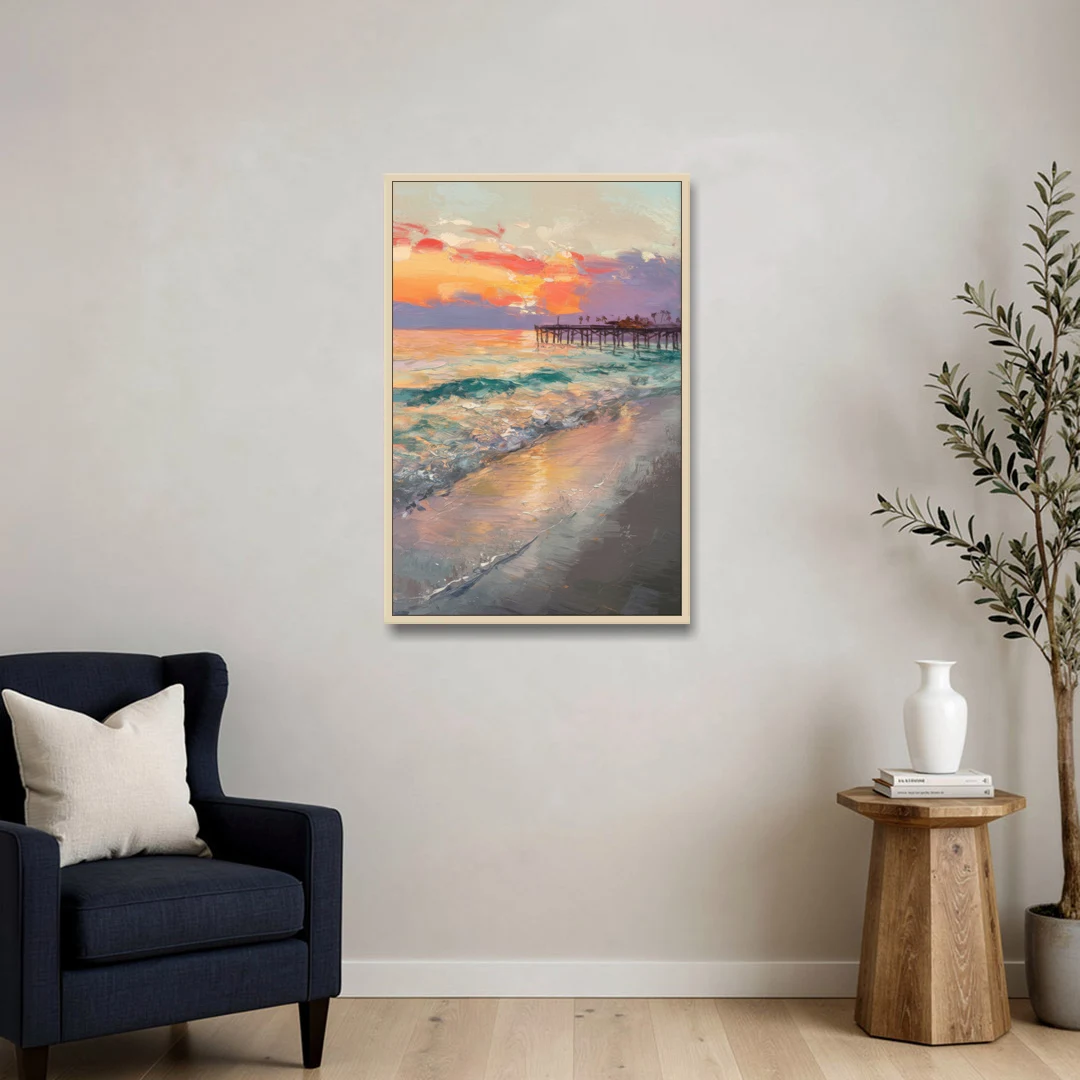 Naples Beach Sunset - Oak Framed Canvas Wall Art - Sofa - 24x36