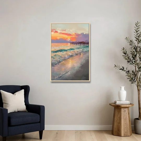 Naples Beach Sunset - Oak Framed Canvas Wall Art - Sofa - 24x36
