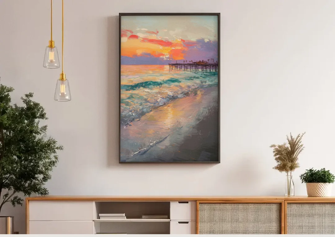 Naples Beach Sunset canvas wall art above a wooden sideboard under pendant lights