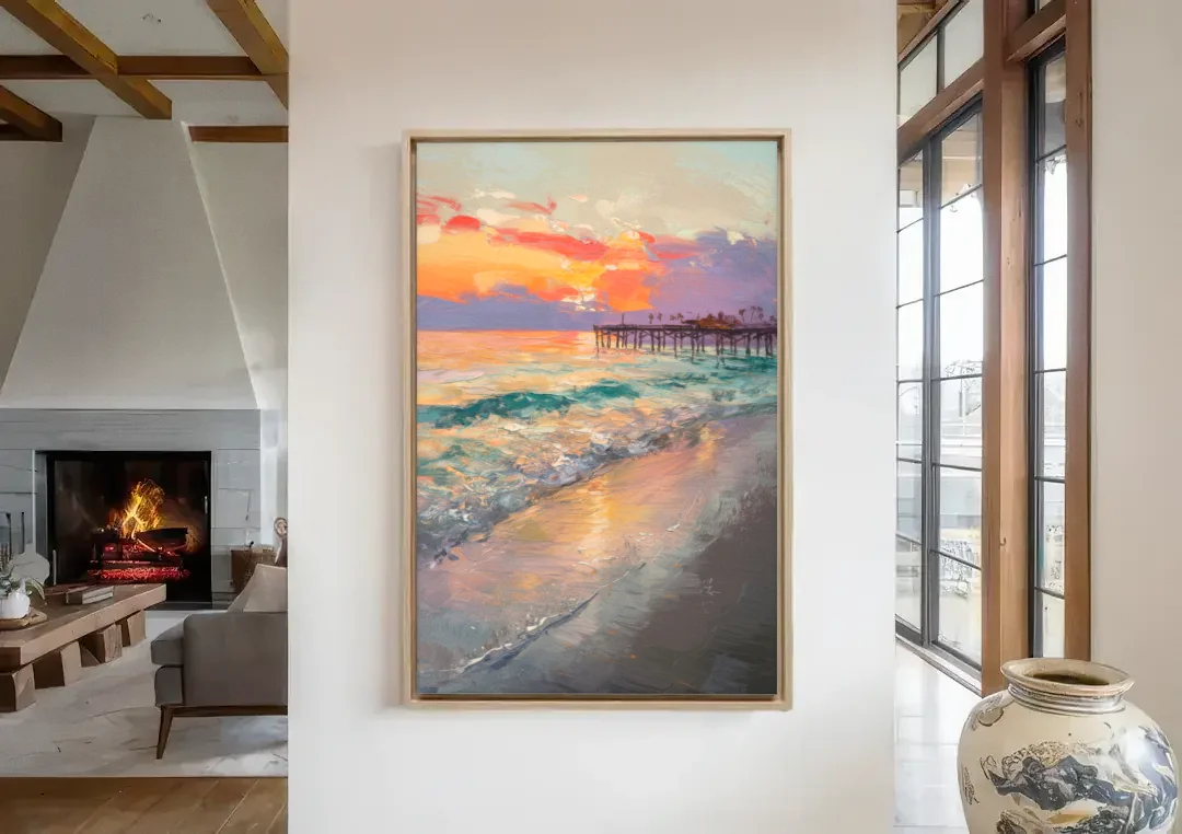 Naples Beach Sunset canvas wall art in a living room with a fireplace