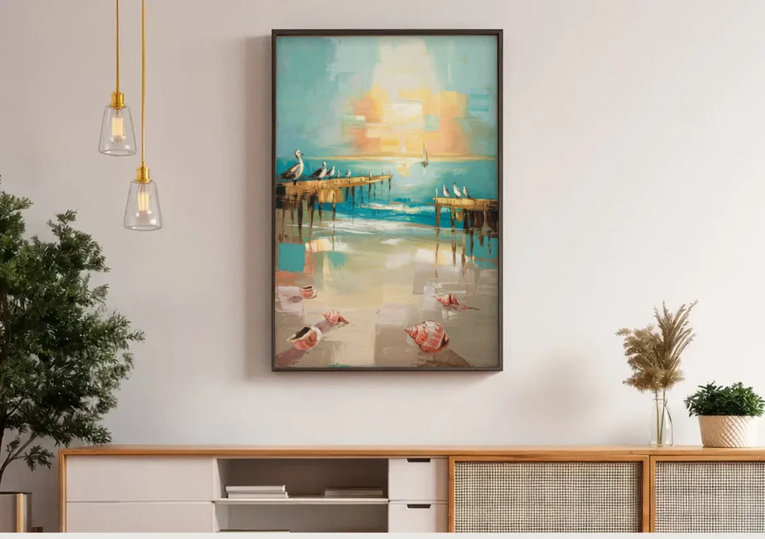 Naples Florida Coastal Vibes canvas wall art above a wooden sideboard under pendant lights