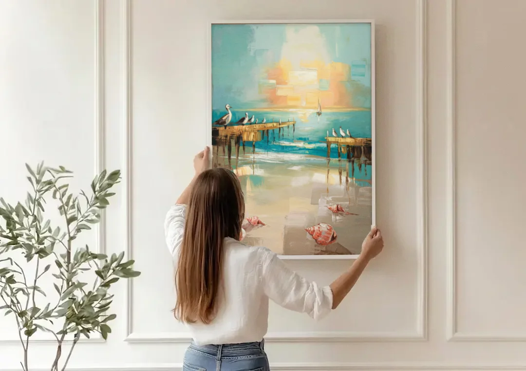 Naples Florida Coastal Vibes canvas wall art being hung on a paneled wall