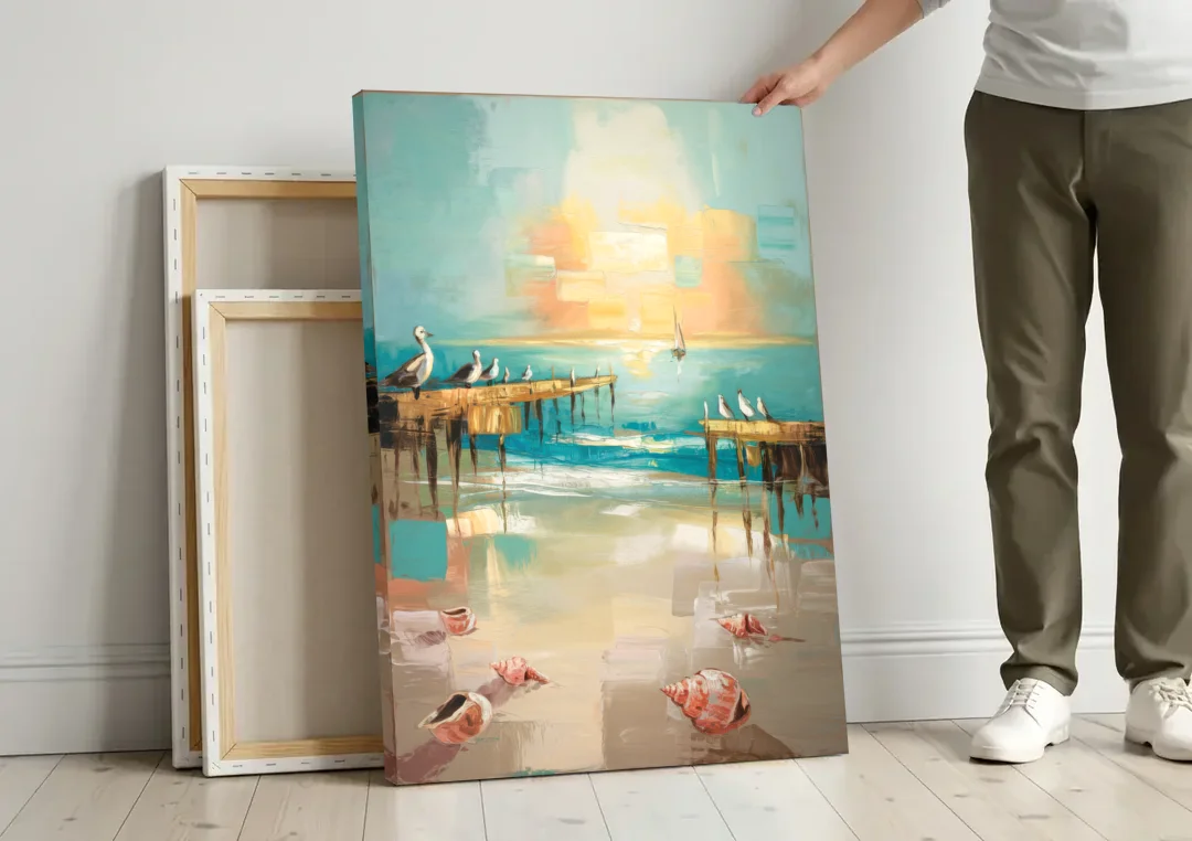 Naples Florida Coastal Vibes canvas wall art leaning against a wall next to blank canvases