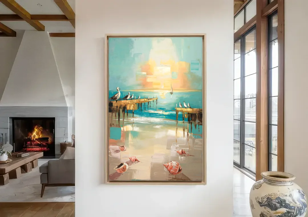 Naples Florida Coastal Vibes canvas wall art in a living room with a fireplace