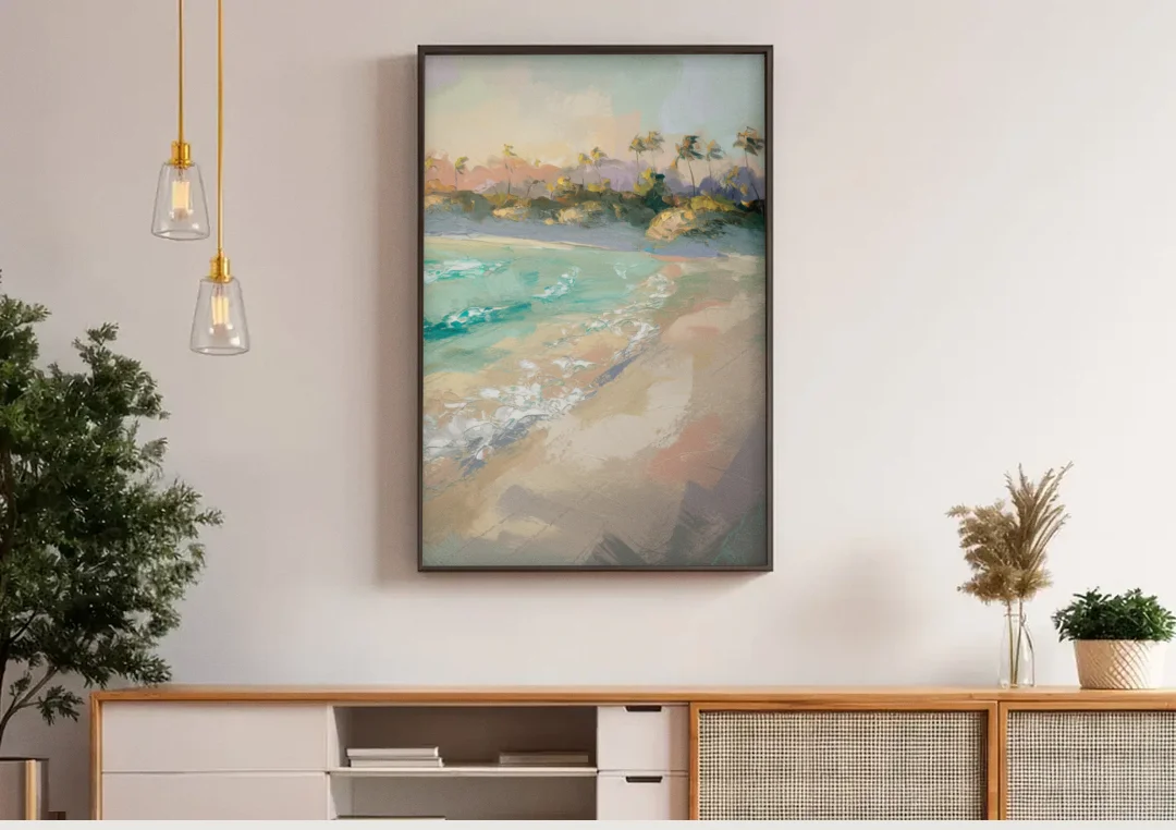 Naples Florida Ocean Breeze canvas wall art above a wooden sideboard under pendant lights