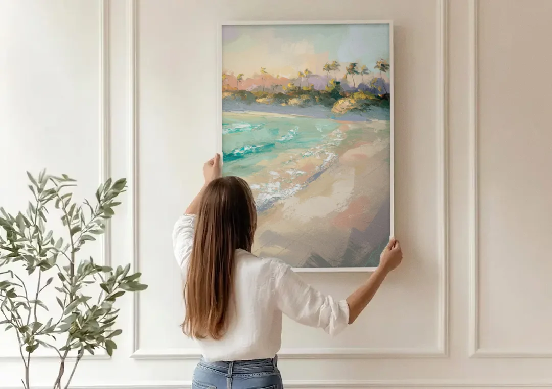 Naples Florida Ocean Breeze canvas wall art being hung on a paneled wall