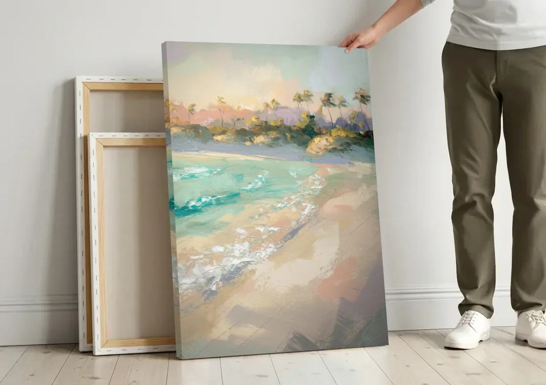 Naples Florida Ocean Breeze canvas wall art leaning against a wall next to blank canvases