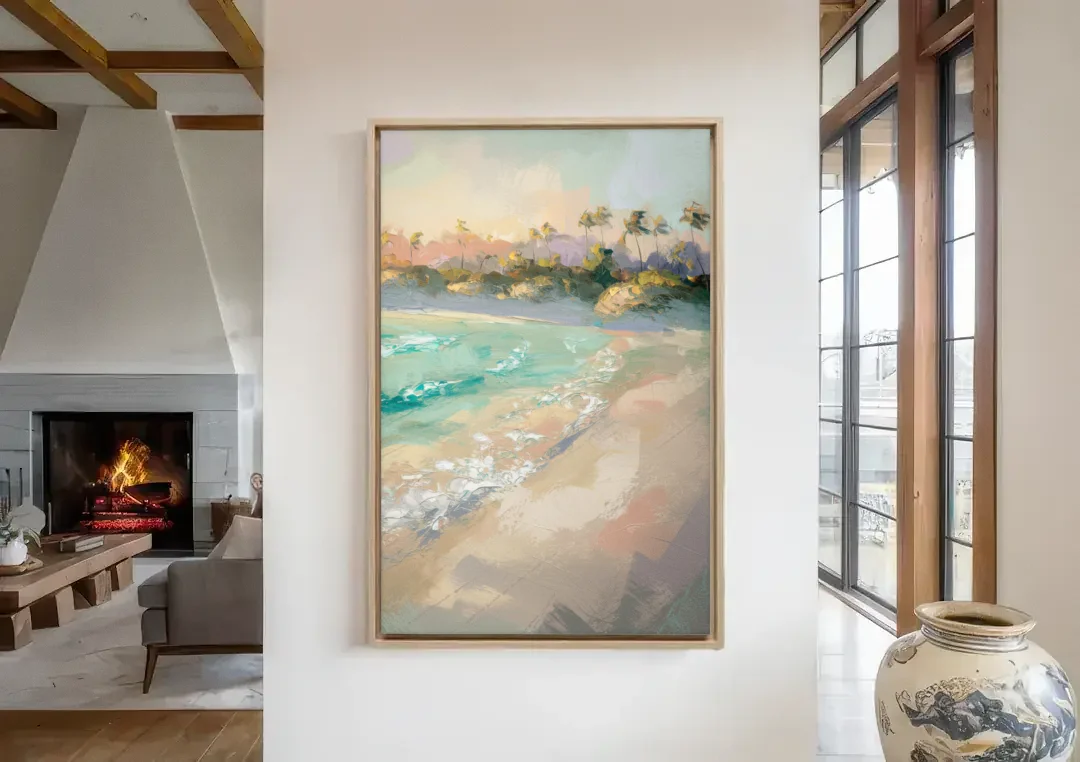 Naples Florida Ocean Breeze canvas wall art in a living room with a fireplace