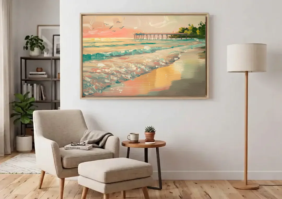 Naples Gulf Shore Serenity canvas wall art above an armchair in a bright living room