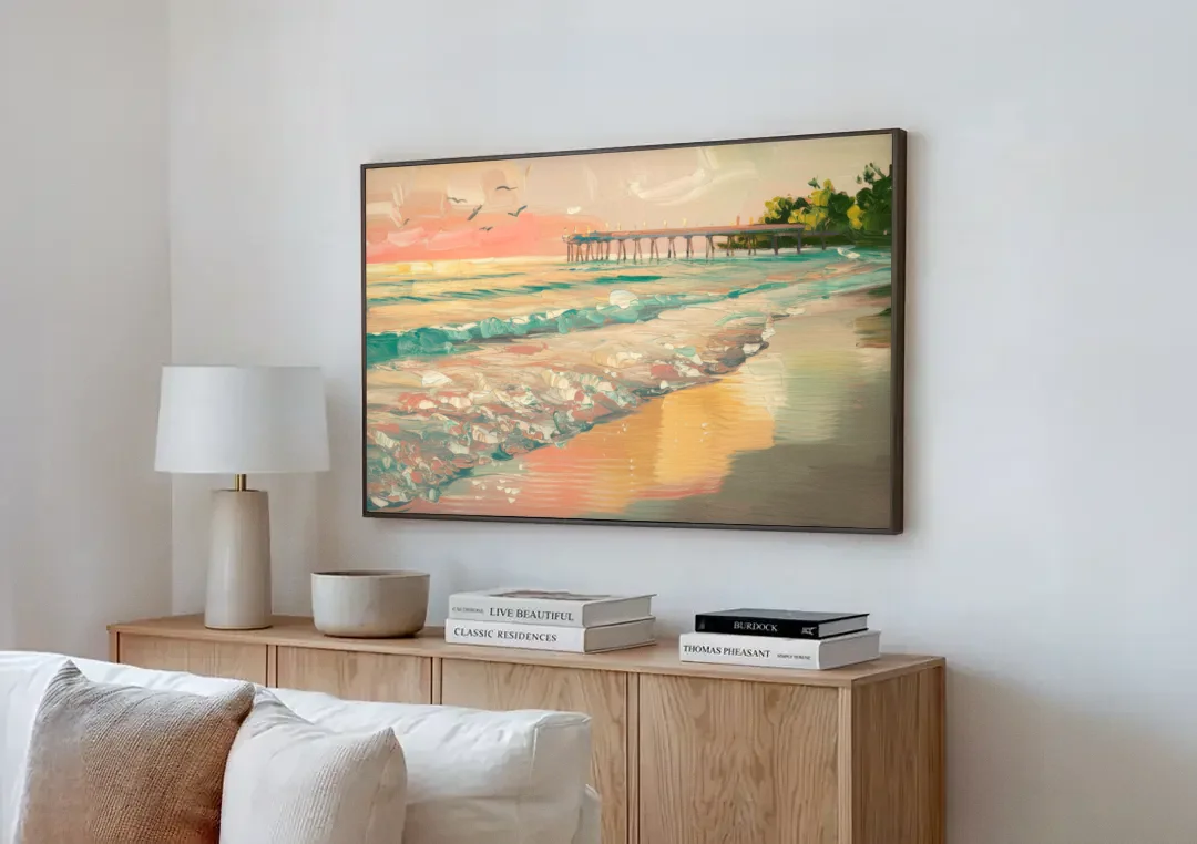 Naples Gulf Shore Serenity canvas wall art above a wooden sideboard next to a sofa