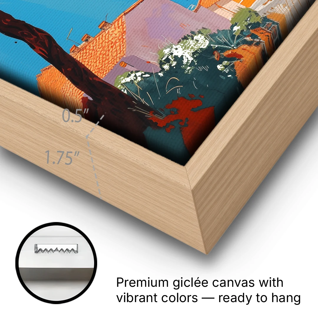 Naples Painting with a Stone Pine - Oak Framed Canvas Wall Art - Gallery Wrap Corner