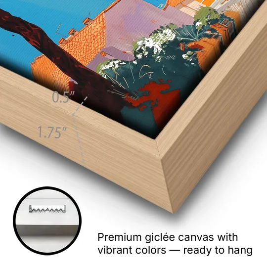 Naples Painting with a Stone Pine - Oak Framed Canvas Wall Art - Gallery Wrap Corner