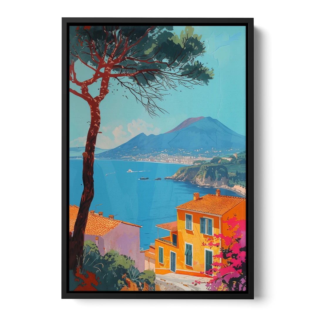 Naples Painting with a Stone Pine - Black Framed Canvas Wall Art - Front