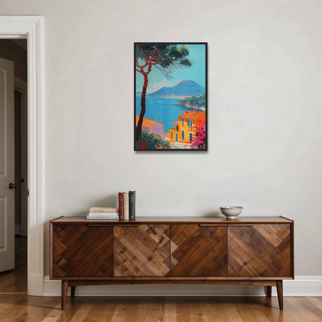 Naples Painting with a Stone Pine - Black Framed Canvas Wall Art - Coffee Table - 24x36