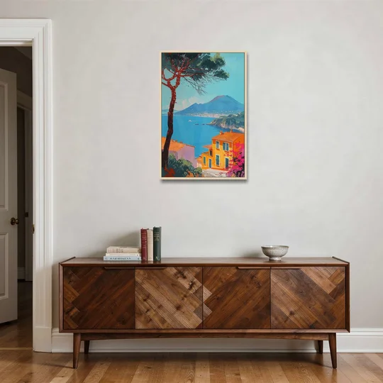 Naples Painting with a Stone Pine - Oak Framed Canvas Wall Art - Coffee Table - 24x36