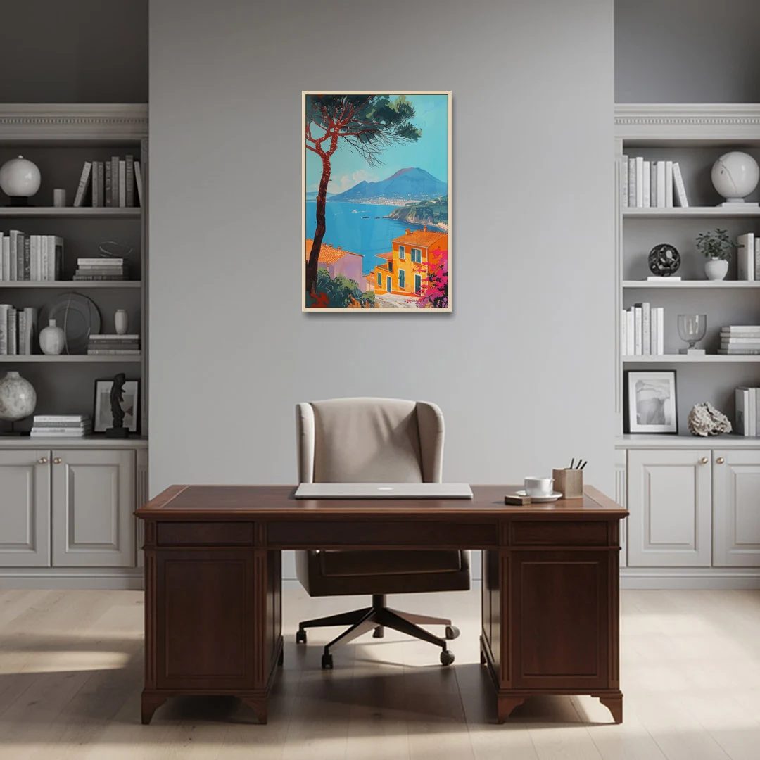 Naples Painting with a Stone Pine - Oak Framed Canvas Wall Art - Office - 24x36
