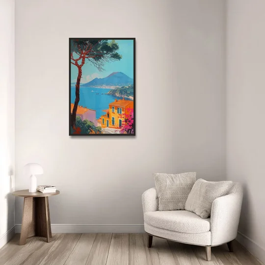 Naples Painting with a Stone Pine - Black Framed Canvas Wall Art - Sofa - 24x36