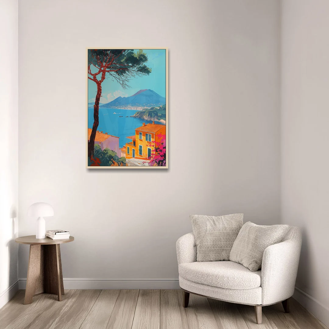 Naples Painting with a Stone Pine - Oak Framed Canvas Wall Art - Sofa - 24x36
