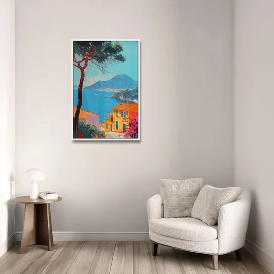 Naples Painting with a Stone Pine - White Framed Canvas Wall Art - Sofa - 24x36