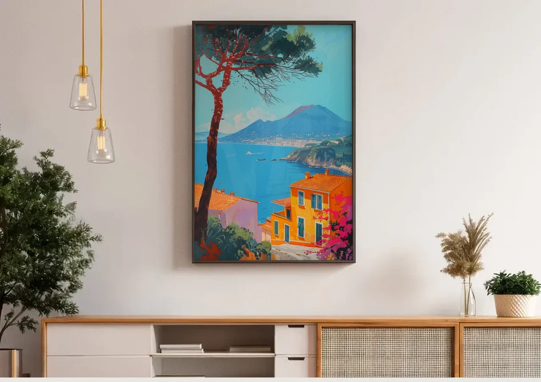 Naples Painting with a Stone Pine canvas wall art above a wooden sideboard under pendant lights