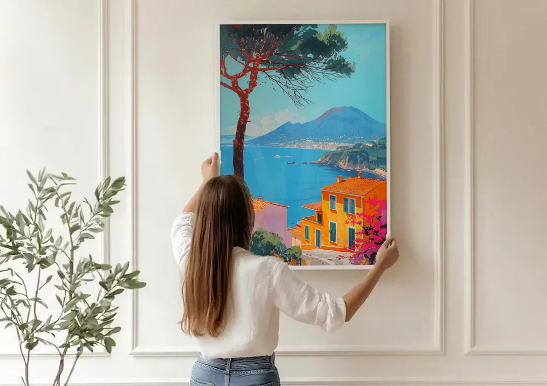 Naples Painting with a Stone Pine canvas wall art being hung on a paneled wall