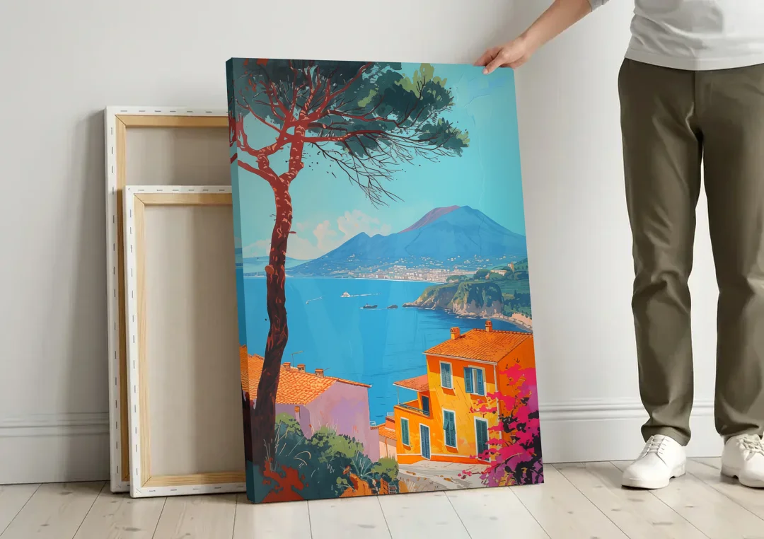 Naples Painting with a Stone Pine canvas wall art leaning against a wall next to blank canvases