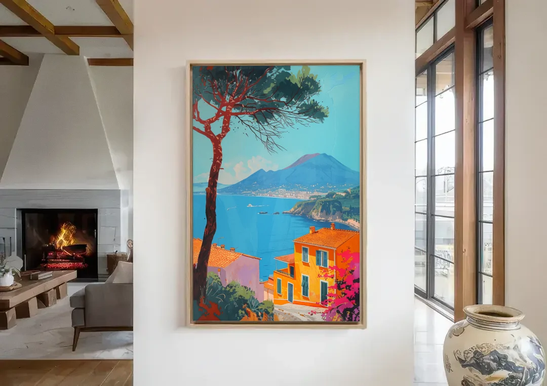 Naples Painting with a Stone Pine canvas wall art in a living room with a fireplace