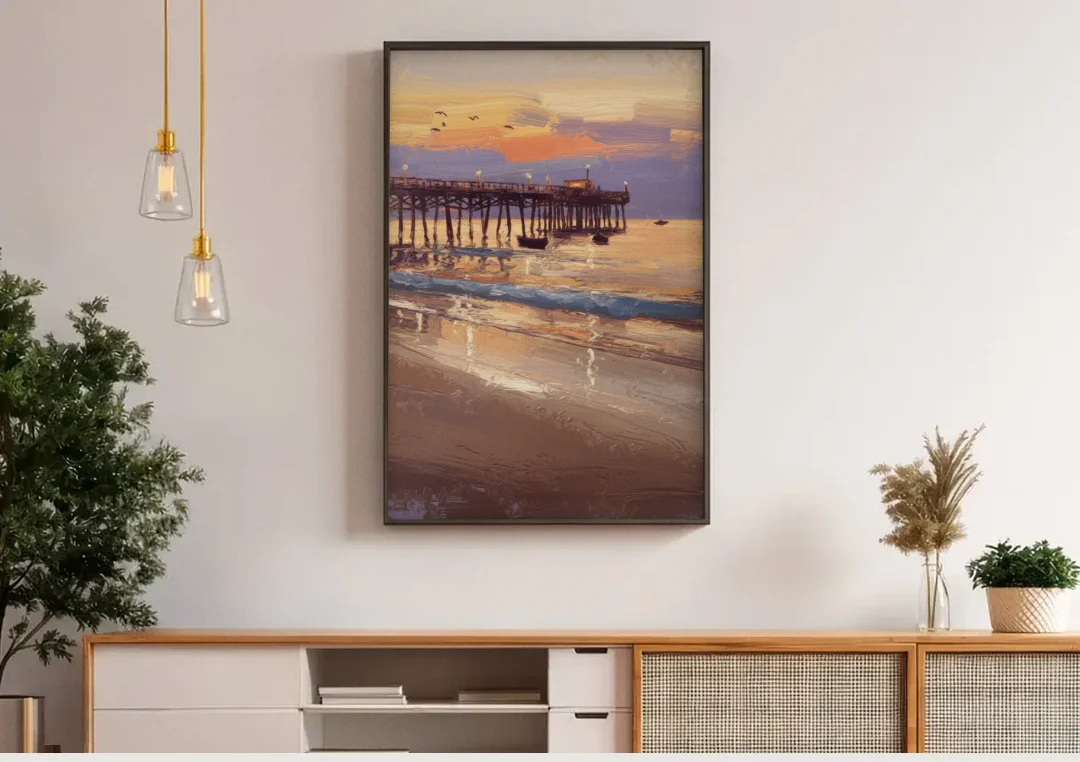 Naples Pier at Twilight canvas wall art above a wooden sideboard under pendant lights