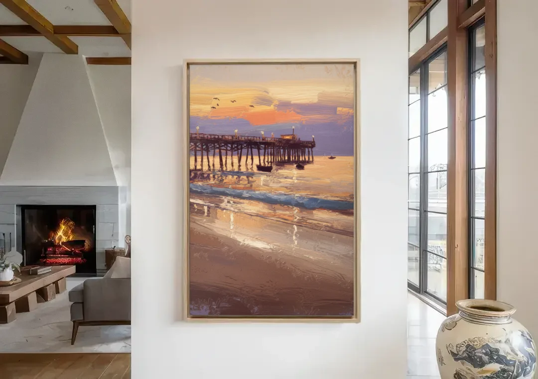 Naples Pier at Twilight canvas wall art in a living room with a fireplace