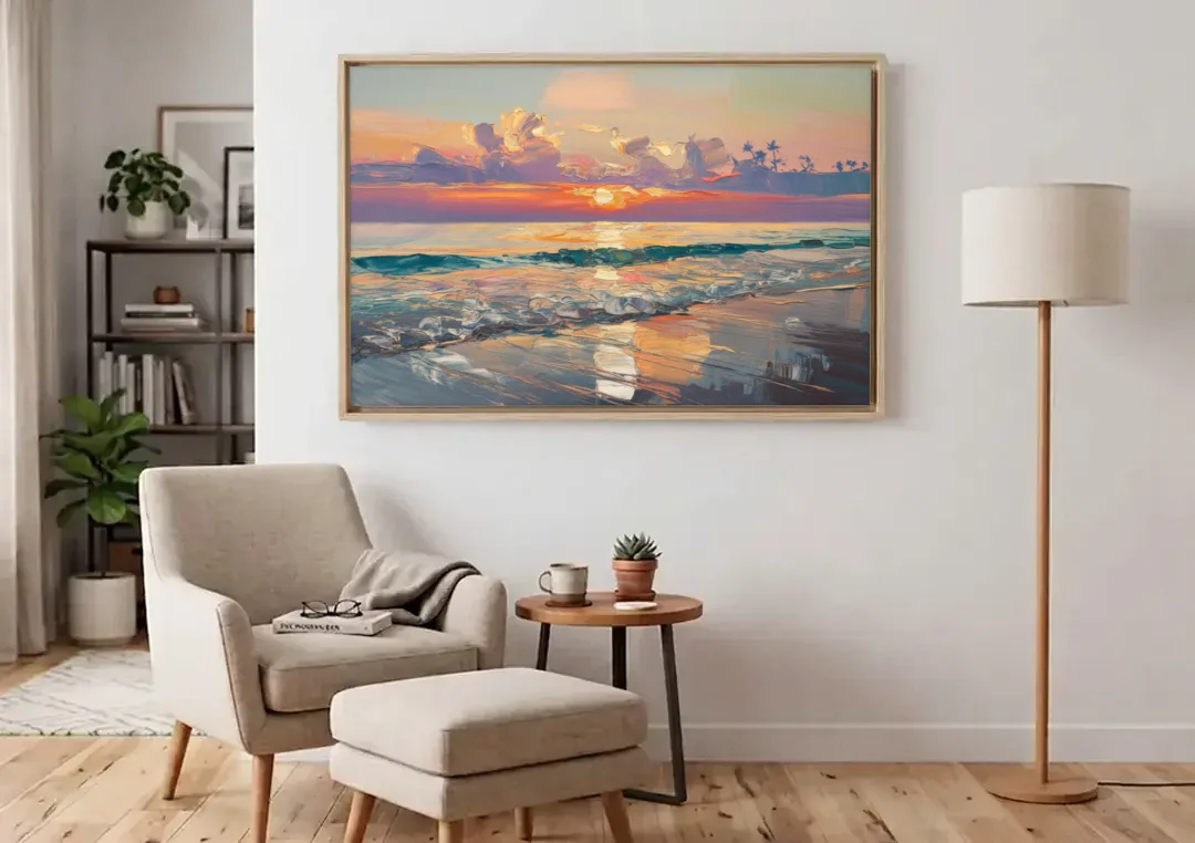 Naples Sunset Over The Gulf canvas wall art above an armchair in a bright living room