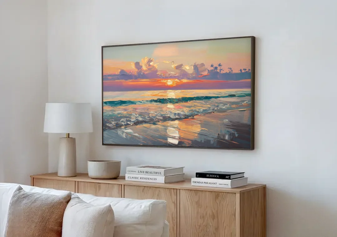 Naples Sunset Over The Gulf canvas wall art above a wooden sideboard next to a sofa