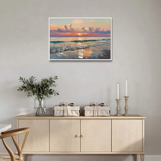 Naples Sunset Over The Gulf - White Framed Canvas Wall Art - Coffee Table - 36x24