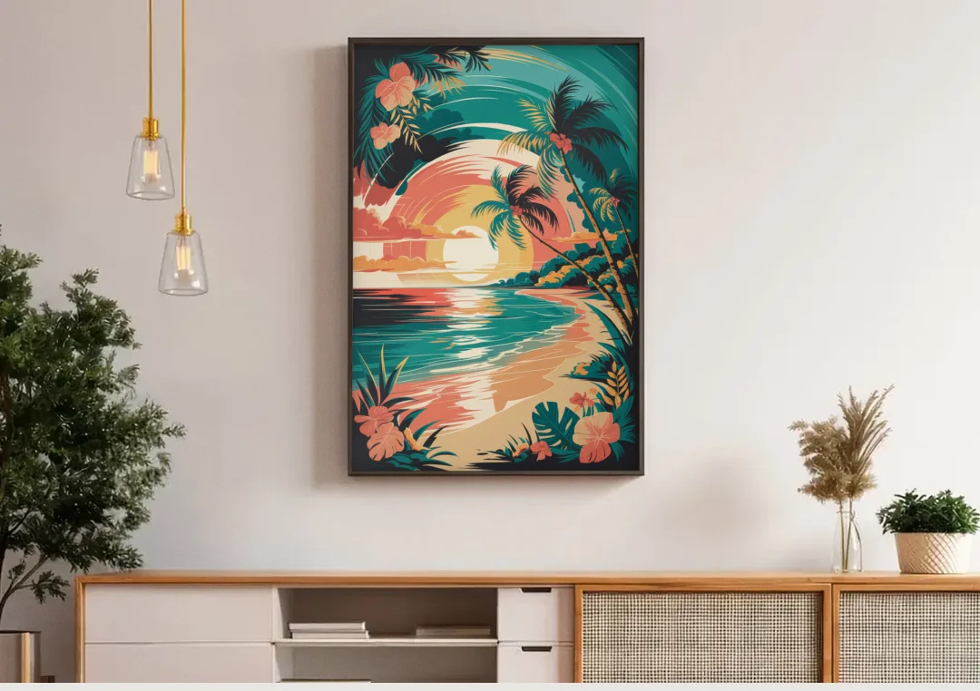 Naples Tropical Paradise canvas wall art above a wooden sideboard under pendant lights