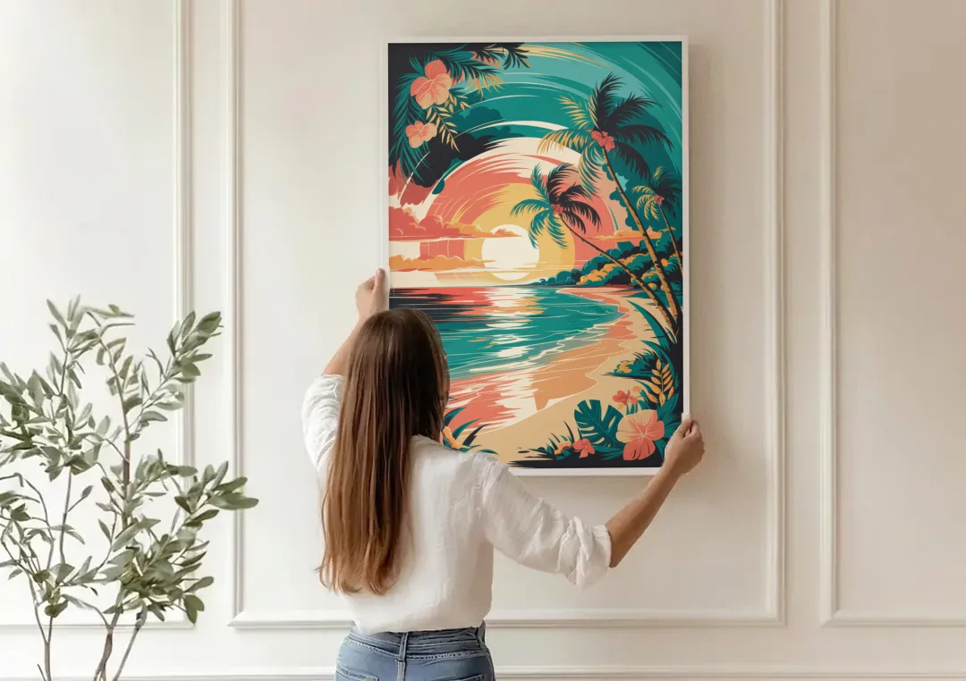 Naples Tropical Paradise canvas wall art being hung on a paneled wall