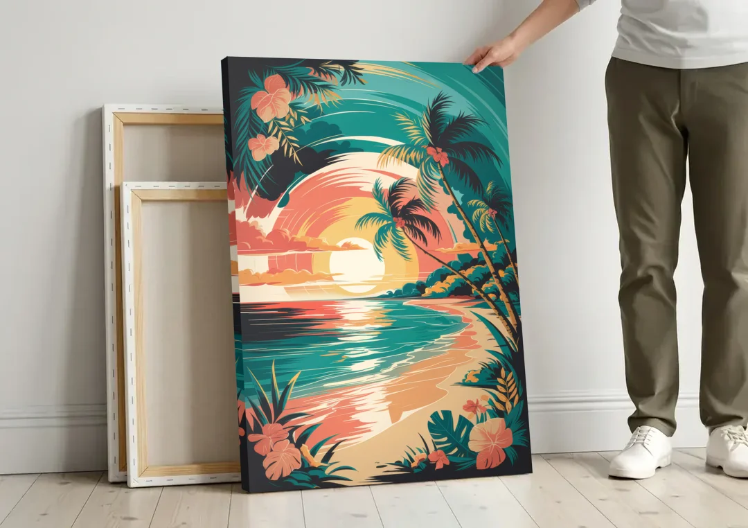 Naples Tropical Paradise canvas wall art leaning against a wall next to blank canvases