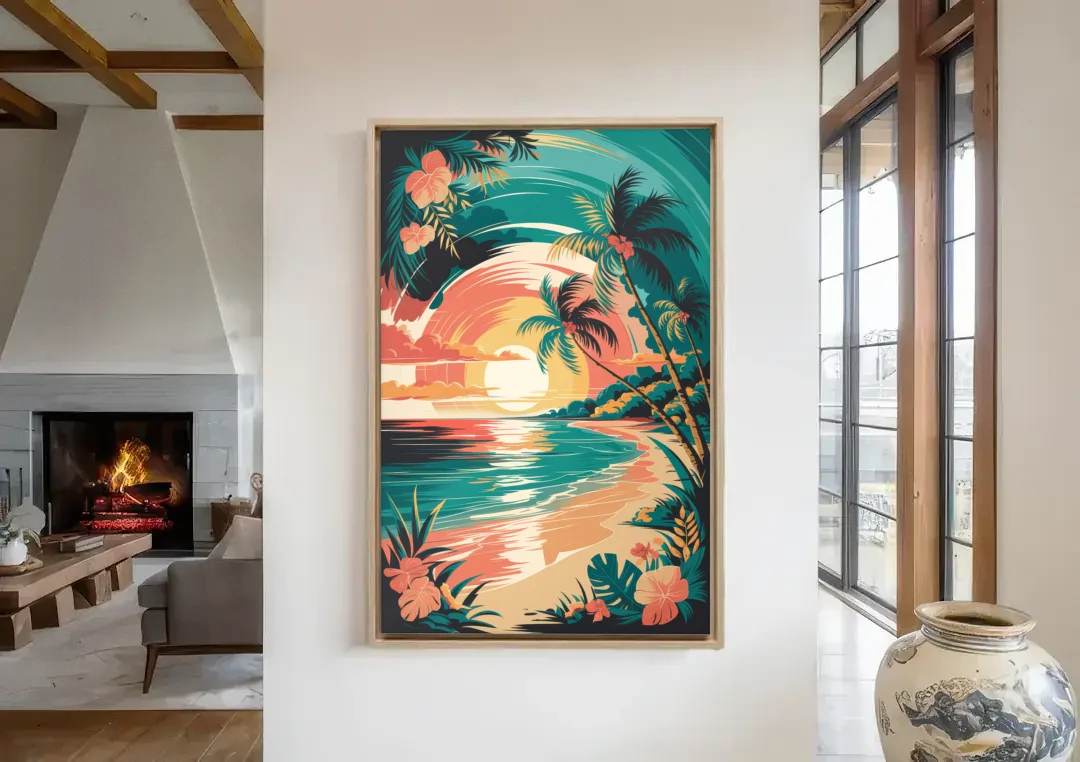 Naples Tropical Paradise canvas wall art in a living room with a fireplace