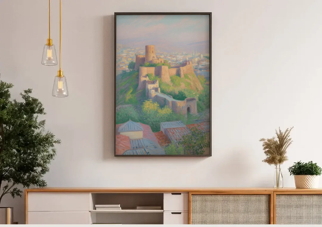 Narikala Fortress canvas wall art above a wooden sideboard under pendant lights
