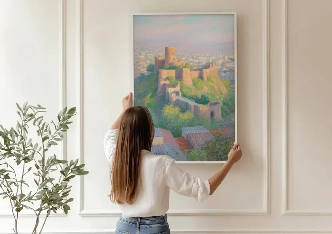 Narikala Fortress canvas wall art being hung on a paneled wall