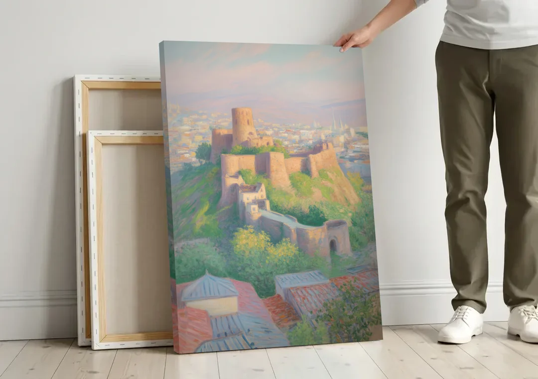 Narikala Fortress canvas wall art leaning against a wall next to blank canvases