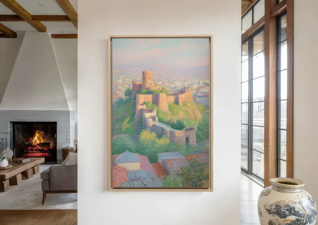 Narikala Fortress canvas wall art in a living room with a fireplace