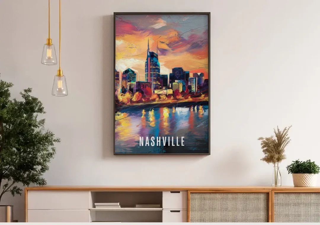 Nashville Artistic Skyline canvas wall art above a wooden sideboard under pendant lights