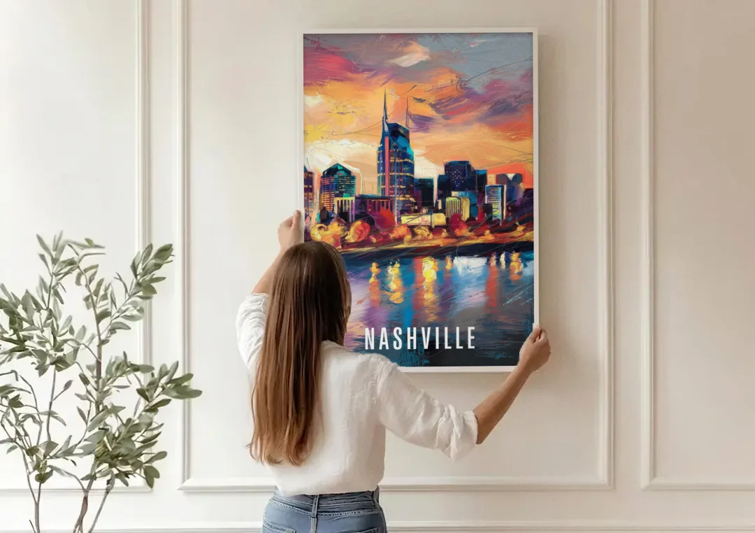 Nashville Artistic Skyline canvas wall art being hung on a paneled wall