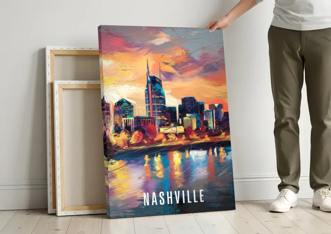 Nashville Artistic Skyline canvas wall art leaning against a wall next to blank canvases