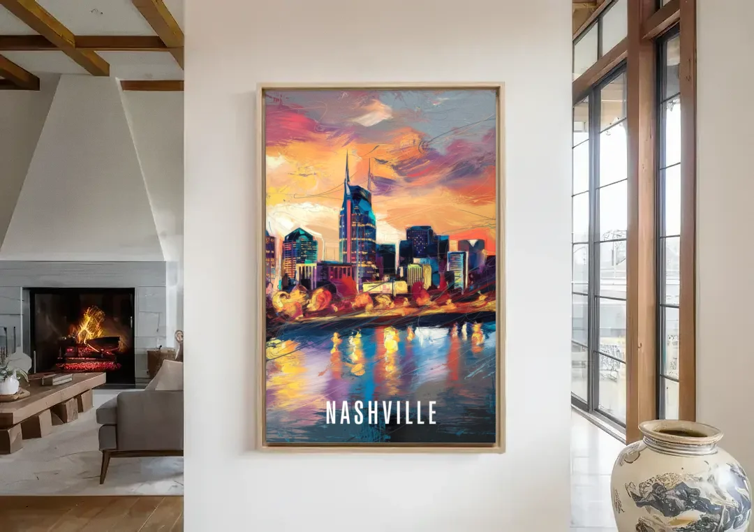 Nashville Artistic Skyline canvas wall art in a living room with a fireplace