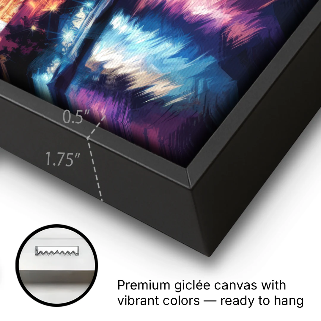 Nashville Bright Lights Skyline - Black Framed Canvas Wall Art - Gallery Wrap Corner