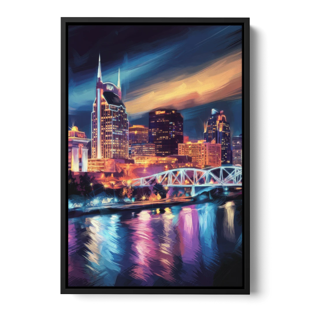Nashville Bright Lights Skyline - Black Framed Canvas Wall Art - Front