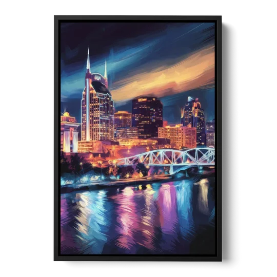 Nashville Bright Lights Skyline - Black Framed Canvas Wall Art - Front