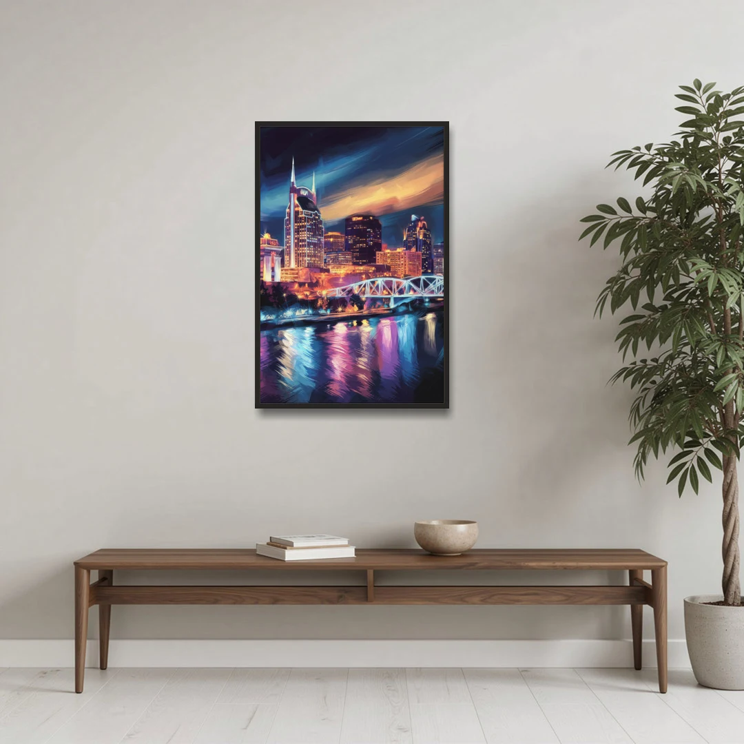 Nashville Bright Lights Skyline - Black Framed Canvas Wall Art - Coffee Table - 24x36