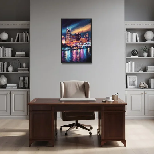 Nashville Bright Lights Skyline - Black Framed Canvas Wall Art - Office - 24x36