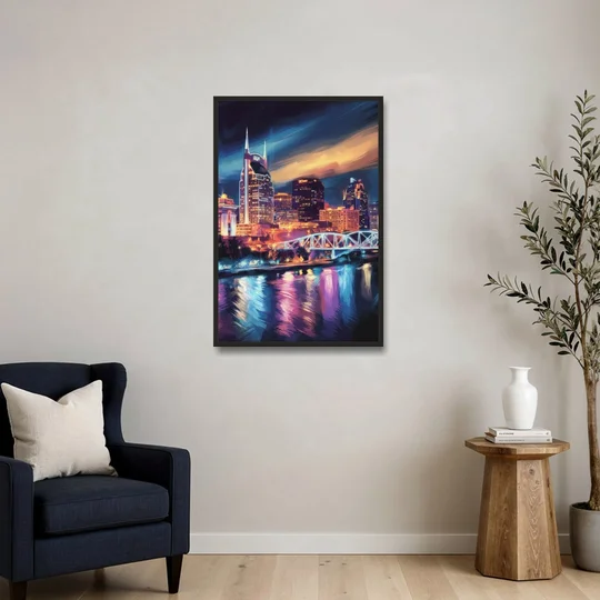 Nashville Bright Lights Skyline - Black Framed Canvas Wall Art - Sofa - 24x36